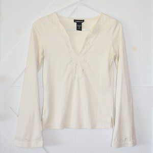 Vintage Y2K Express soft embroidered v neck flare long sleeve top cream ivory
